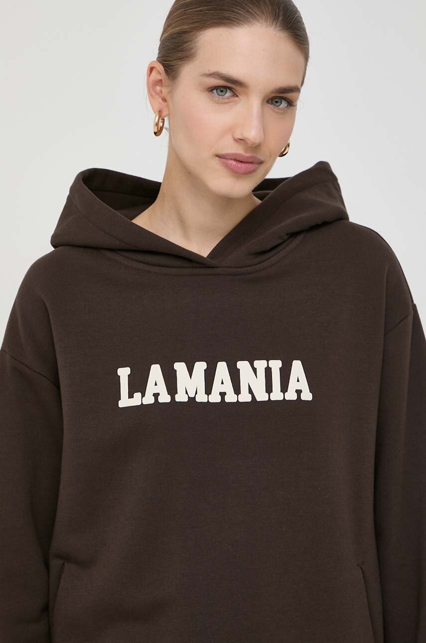 La Mania bluza damska kolor brązowy z kapturem z nadrukiem