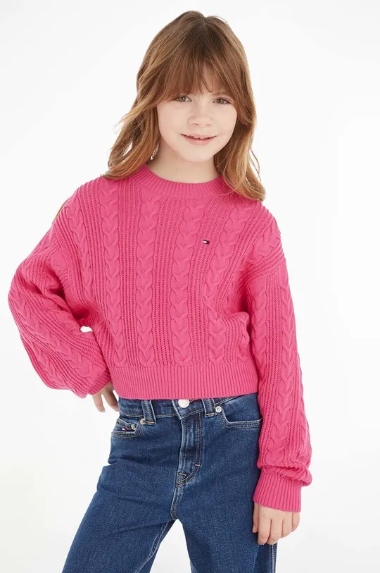 roza Dječji pamučni pulover Tommy Hilfiger Za djevojčice