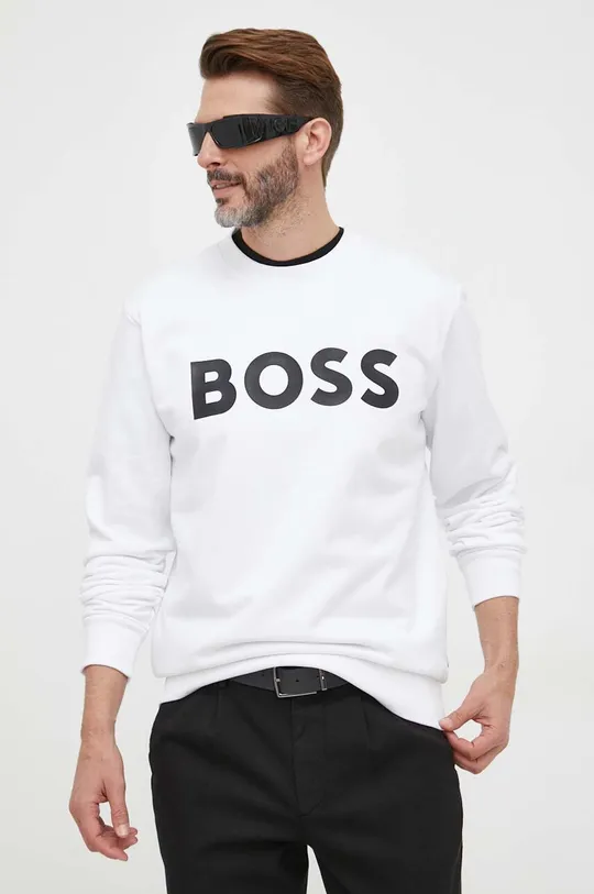 bela Bombažen pulover BOSS Moški