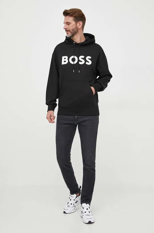 Bombažen pulover BOSS črna