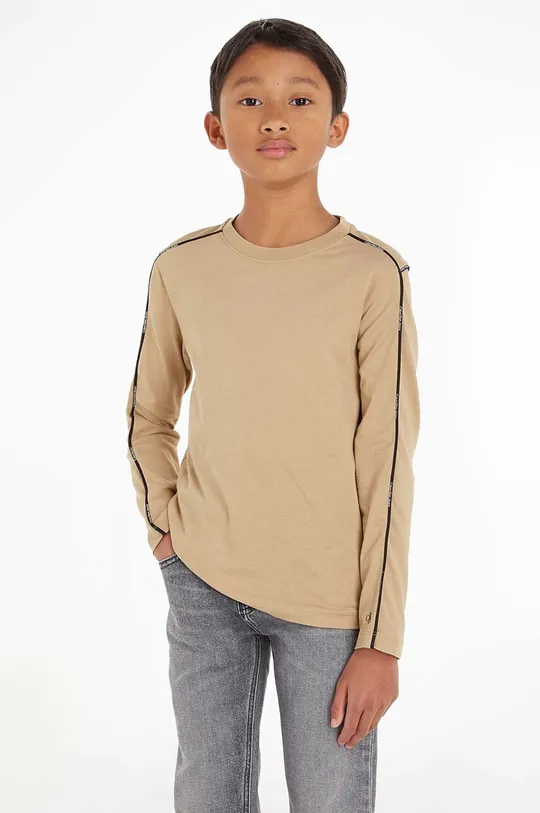 béžová Bavlnené tričko s dlhým rukávom Calvin Klein Jeans Chlapčenský
