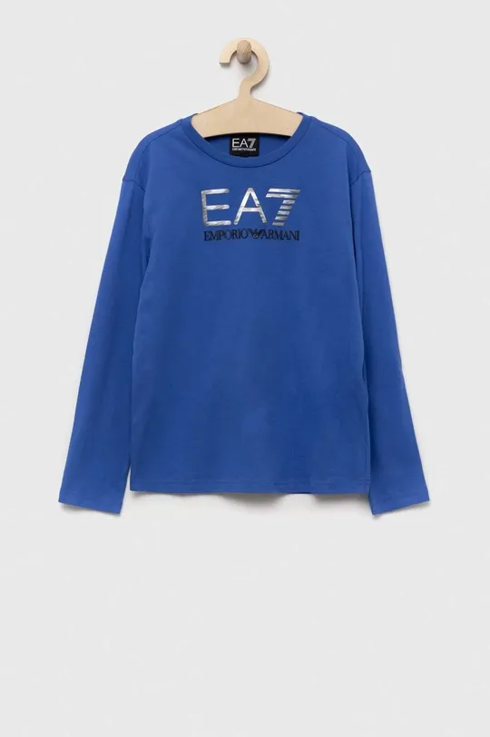 modrá Detská bavlnená košeľa s dlhým rukávom EA7 Emporio Armani Chlapčenský