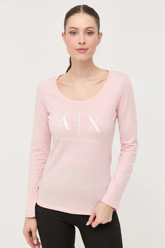 ružová Bavlnené tričko s dlhým rukávom Armani Exchange Dámsky
