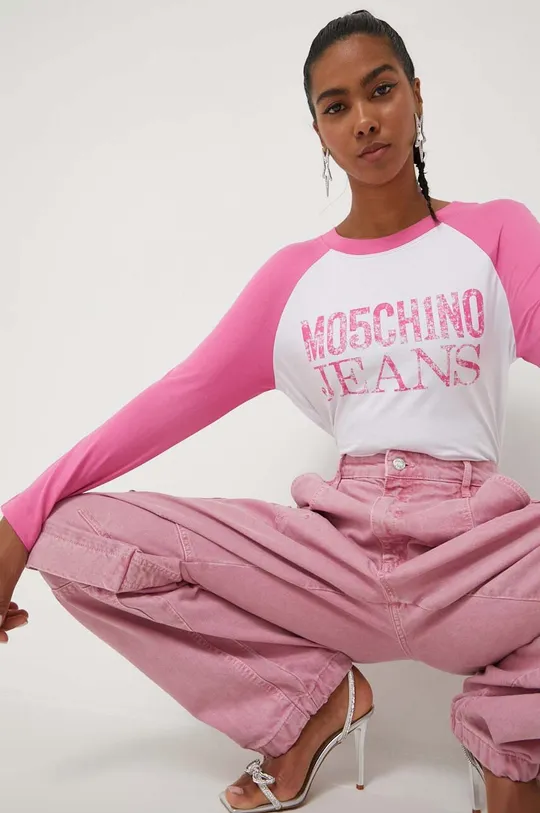 roza Bombažna majica z dolgimi rokavi Moschino Jeans Ženski