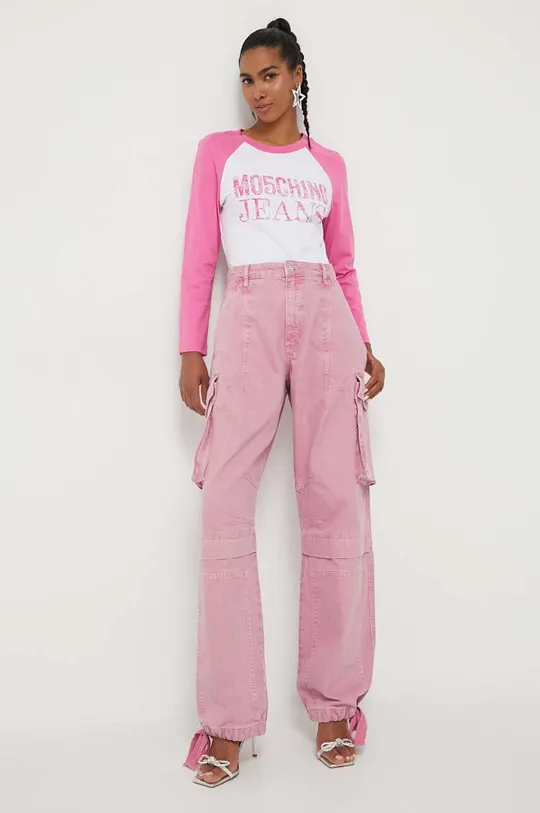 Bombažna majica z dolgimi rokavi Moschino Jeans roza