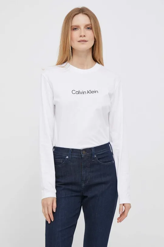 biela Bavlnené tričko s dlhým rukávom Calvin Klein Dámsky