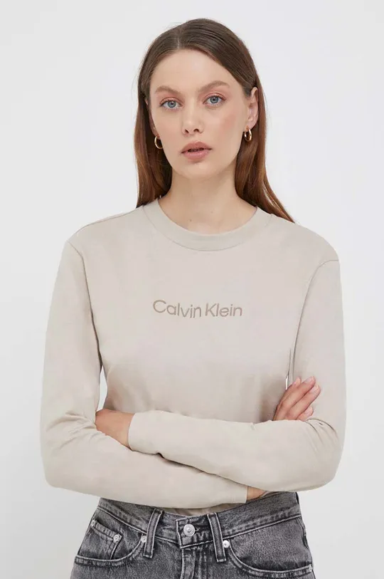 μπεζ Βαμβακερή μπλούζα με μακριά μανίκια Calvin Klein Γυναικεία