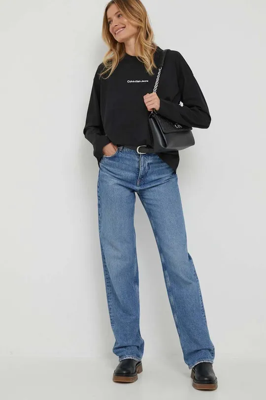 Βαμβακερή μπλούζα με μακριά μανίκια Calvin Klein Jeans μαύρο