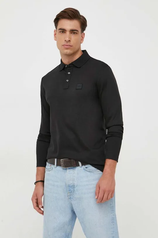 čierna Bavlnené tričko s dlhým rukávom BOSS Pánsky