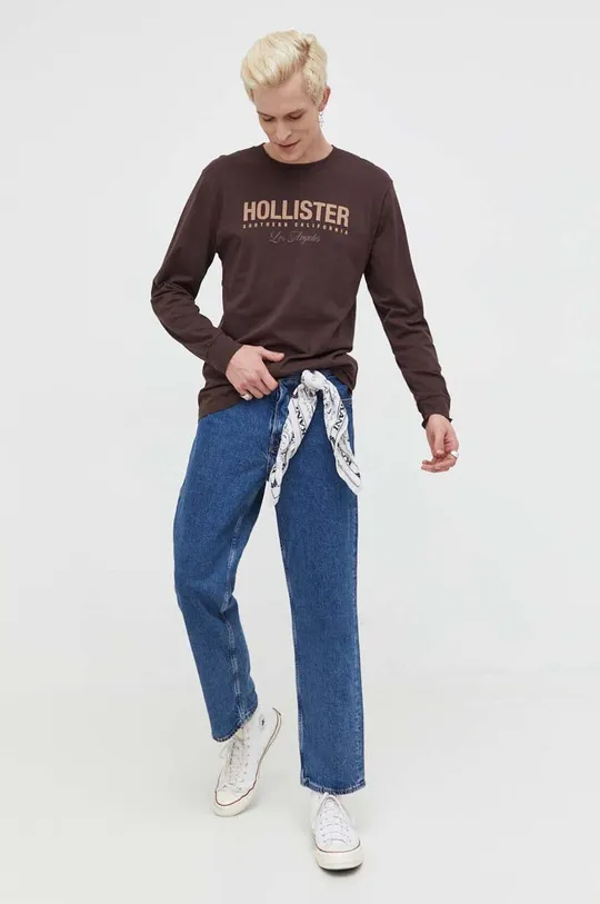 Βαμβακερή μπλούζα με μακριά μανίκια Hollister Co. καφέ