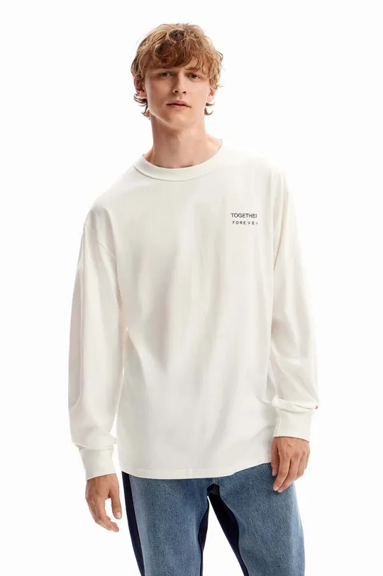 béžová Bavlnené tričko s dlhým rukávom Desigual Pánsky
