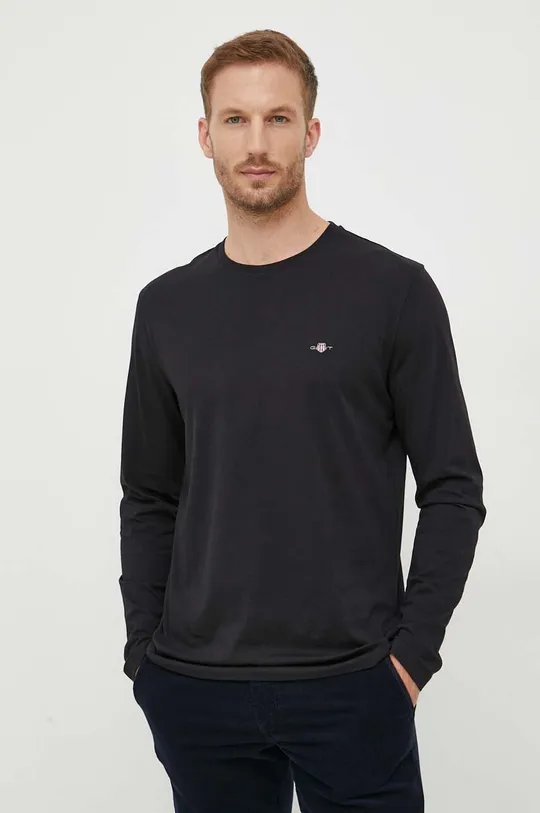 čierna Bavlnené tričko s dlhým rukávom Gant Pánsky