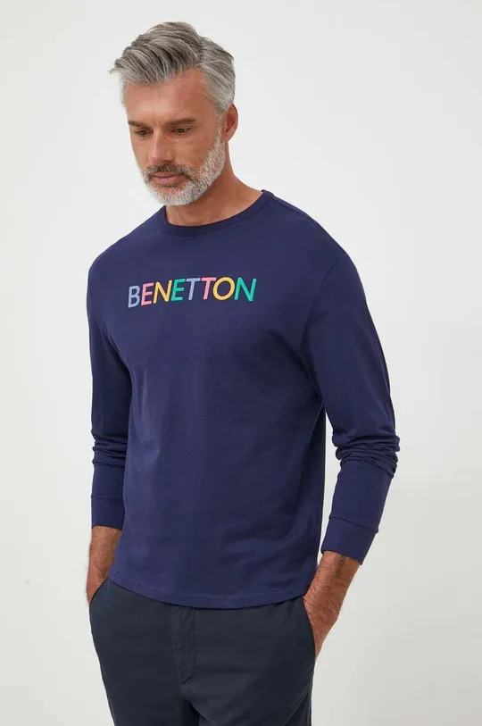 Βαμβακερή μπλούζα με μακριά μανίκια United Colors of Benetton σκούρο μπλε
