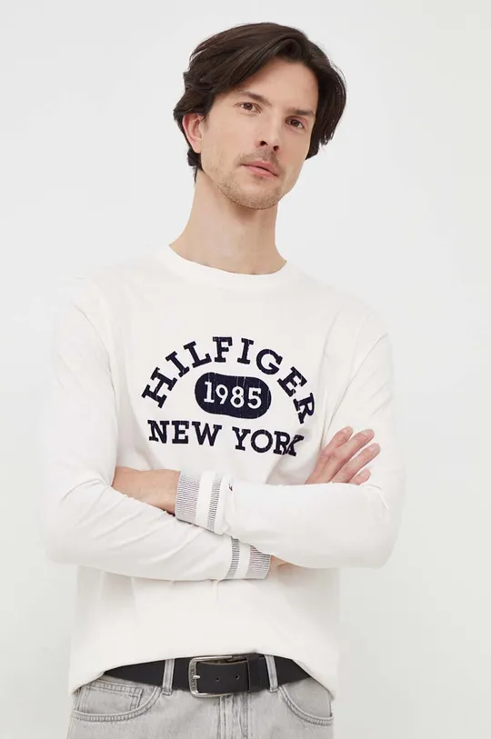 béžová Bavlnené tričko s dlhým rukávom Tommy Hilfiger Pánsky