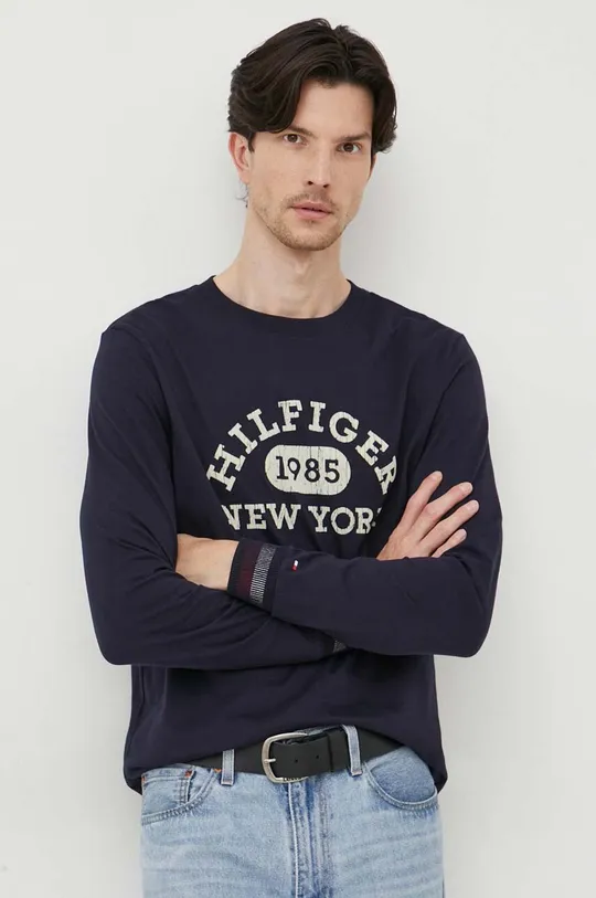 tmavomodrá Bavlnené tričko s dlhým rukávom Tommy Hilfiger Pánsky