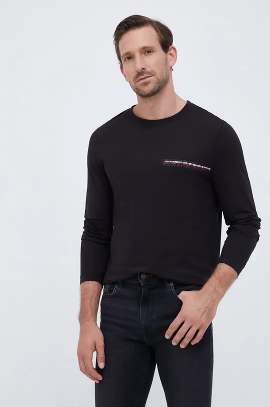 čierna Bavlnené tričko s dlhým rukávom Tommy Hilfiger Pánsky