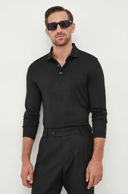 čierna Vlnené tričko s dlhým rukávom BOSS Pánsky