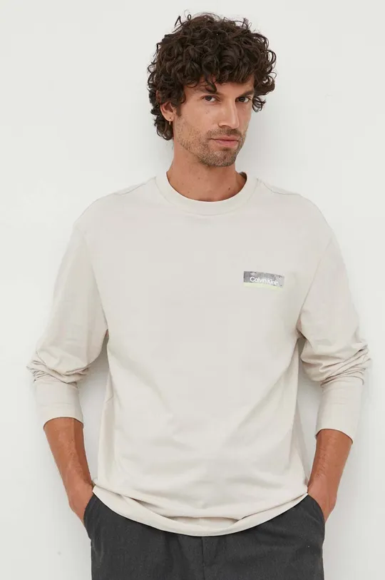 μπεζ Βαμβακερή μπλούζα με μακριά μανίκια Calvin Klein