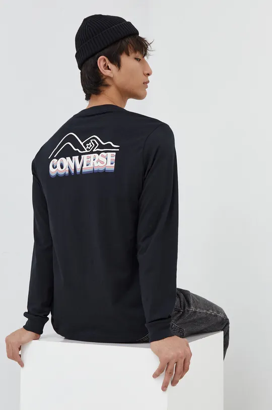 čierna Bavlnené tričko s dlhým rukávom Converse Pánsky