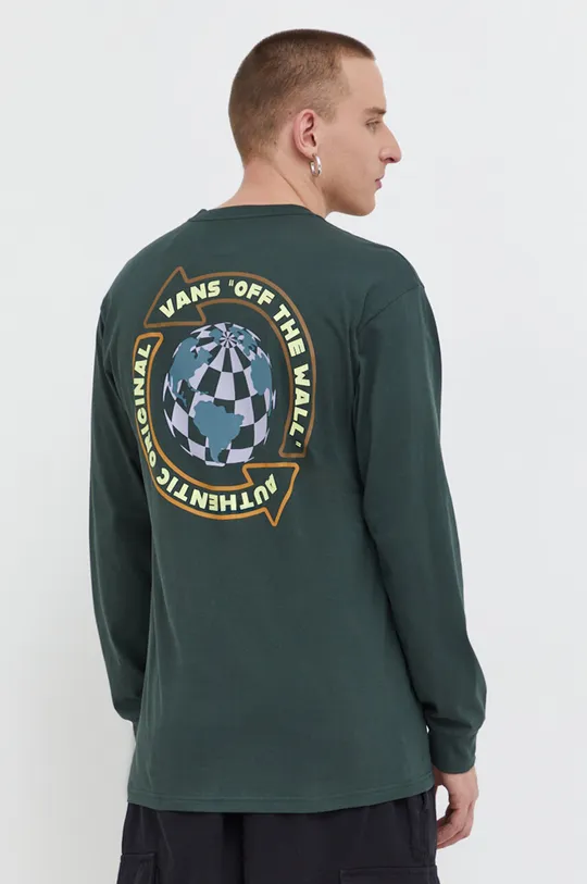 zelena Bombažna majica z dolgimi rokavi Vans Moški