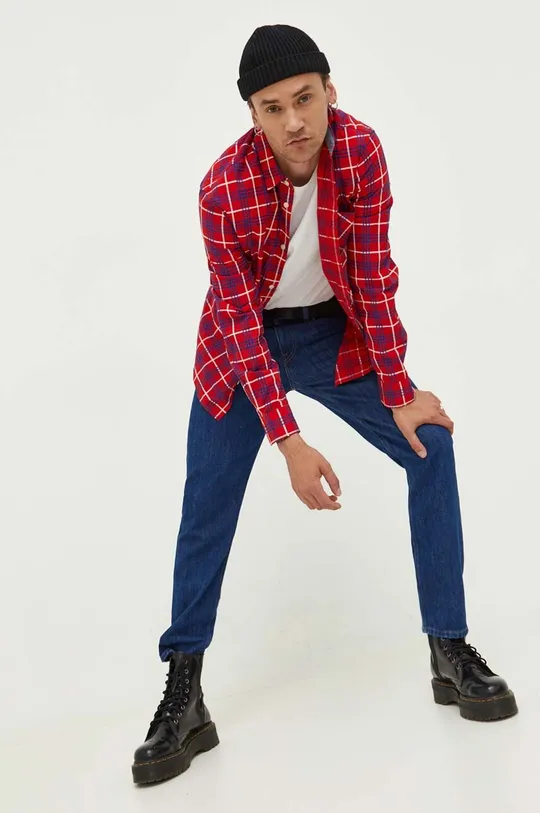 κόκκινο Βαμβακερό πουκάμισο Tommy Jeans Ανδρικά
