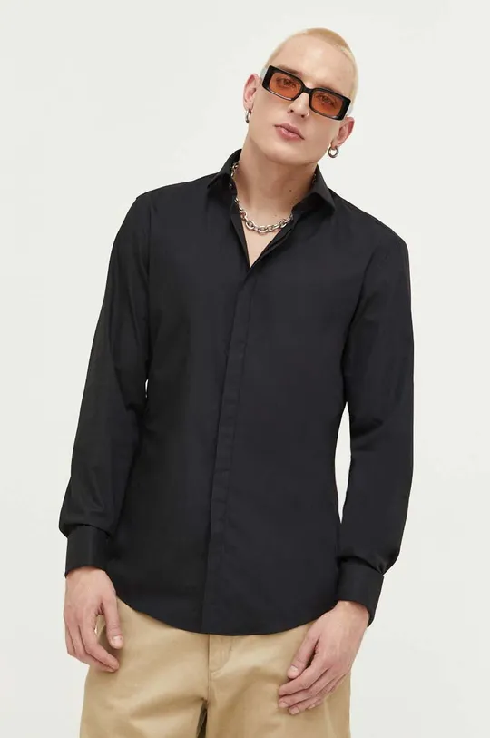 Βαμβακερό πουκάμισο HUGO μαύρο