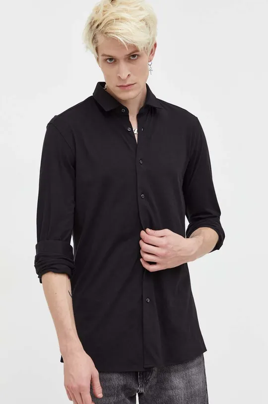 Βαμβακερό πουκάμισο HUGO μαύρο