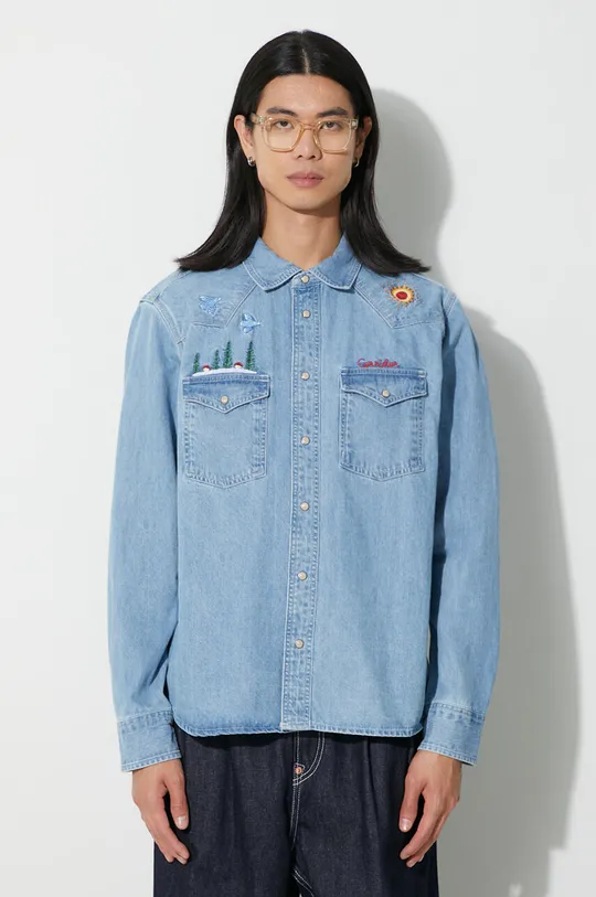 blu Corridor camicia di jeans Mountain Embroidery Western Uomo