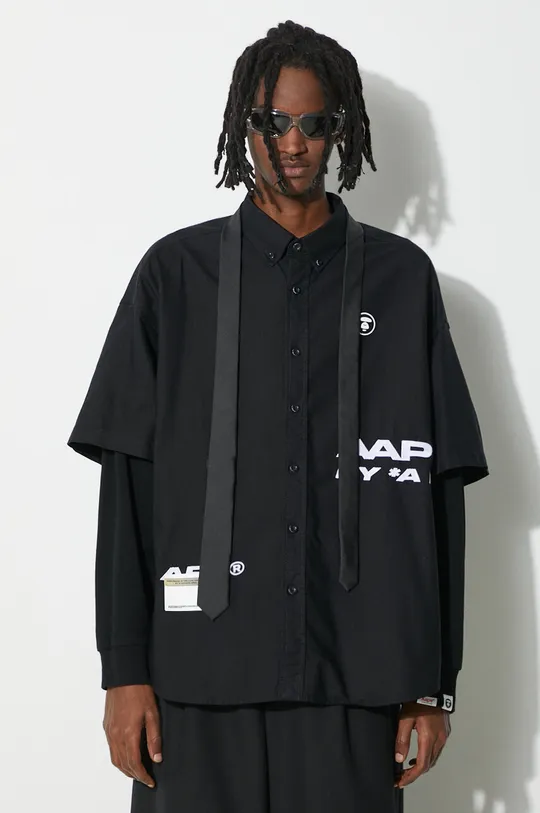 μαύρο Βαμβακερό πουκάμισο AAPE Long Sleeve Shirt Mock Layer Ανδρικά