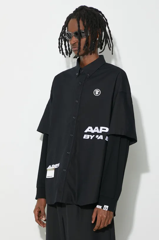 negru AAPE camasa din bumbac Long Sleeve Shirt Mock Layer