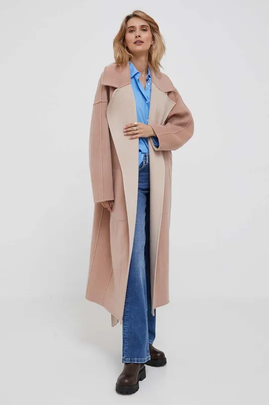 Μάλλινο παλτό διπλής όψης Calvin Klein ροζ