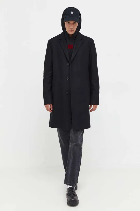 μαύρο Μάλλινο παλτό HUGO Ανδρικά