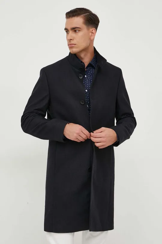 Μάλλινο παλτό Calvin Klein σκούρο μπλε