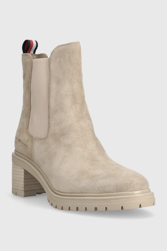 Tommy Hilfiger magasszárú cipő velúrból ESSENTIAL MIDHEEL SUEDE BOOTIE bézs