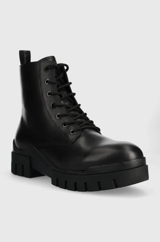Δερμάτινα παπούτσια Calvin Klein Jeans TRANSP COMBAT MID LACEUP LTH μαύρο