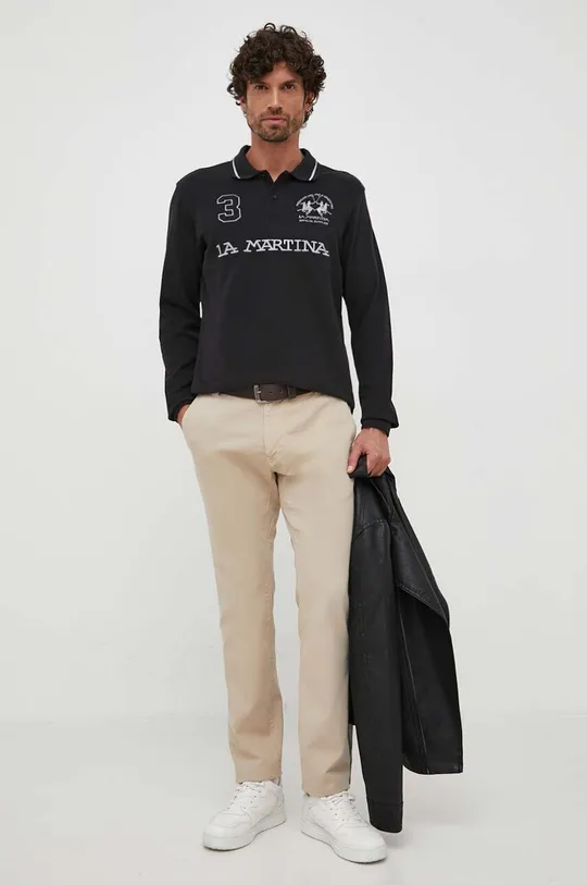 Bavlnené tričko s dlhým rukávom La Martina čierna