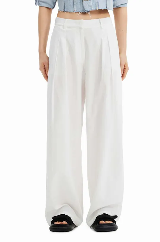 biały Desigual spodnie z domieszką lnu Damski