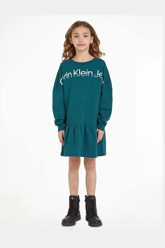 zelena Otroška bombažna obleka Calvin Klein Jeans Dekliški