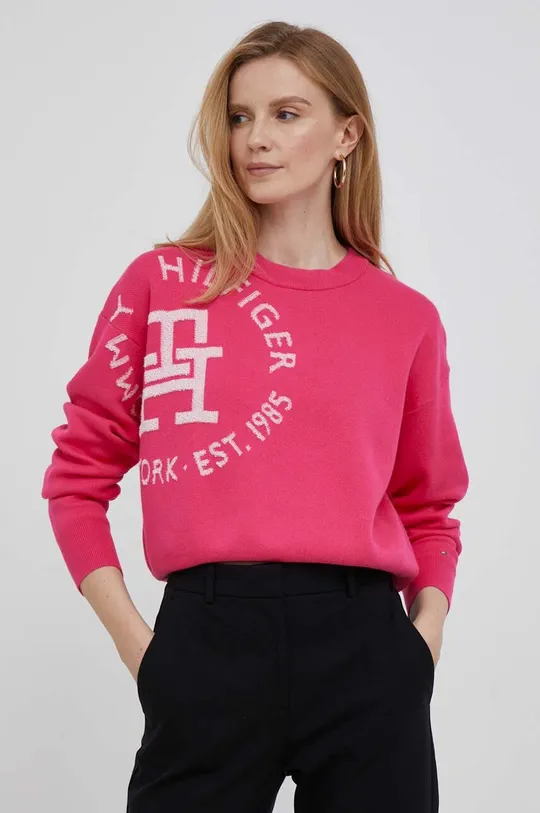 roza Pamučni pulover Tommy Hilfiger Ženski