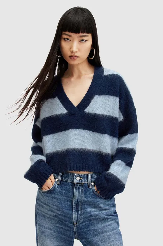 niebieski AllSaints sweter z domieszką wełny LOU CROP Damski