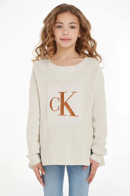 бежевый Детский хлопковый свитер Calvin Klein Jeans Для девочек