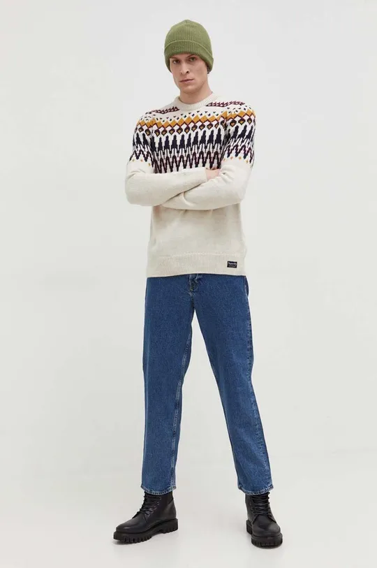 Superdry sweter z domieszką wełny beżowy