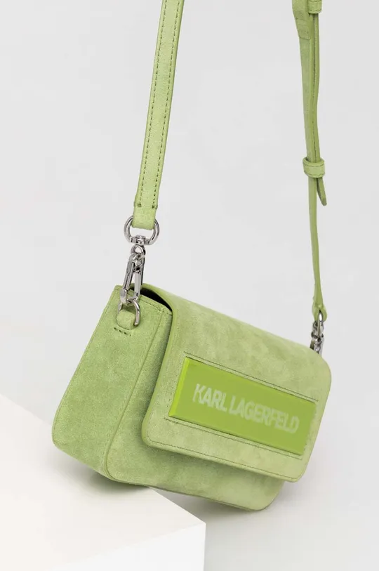 Kožená kabelka Karl Lagerfeld ICON K SM FLAP SHB SUEDE zelená