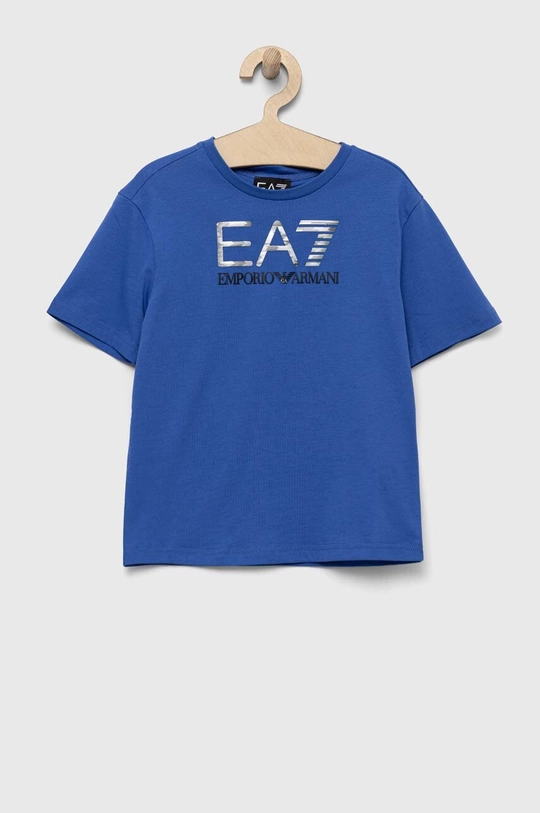 niebieski EA7 Emporio Armani t-shirt bawełniany dziecięcy Chłopięcy