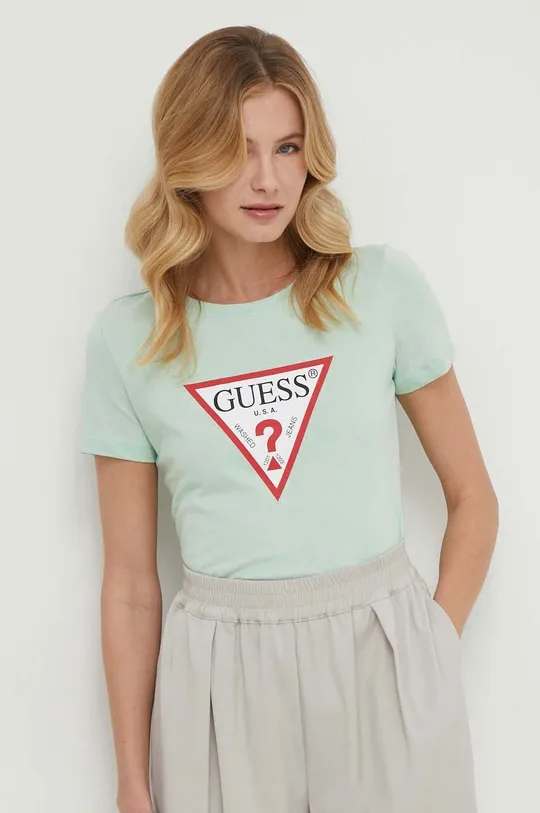 zelena Bombažna kratka majica Guess Ženski