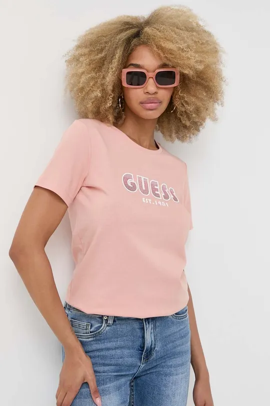 rózsaszín Guess pamut póló