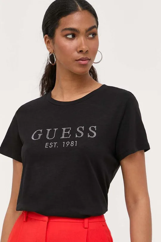 czarny Guess t-shirt bawełniany CRYSTAL Damski