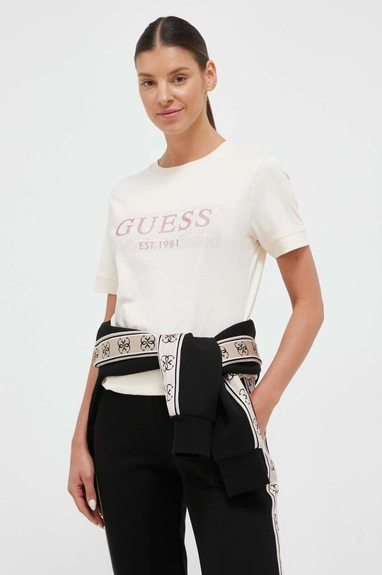 Βαμβακερό μπλουζάκι Guess βαμβάκι μπεζ V3YI15.I3Z14