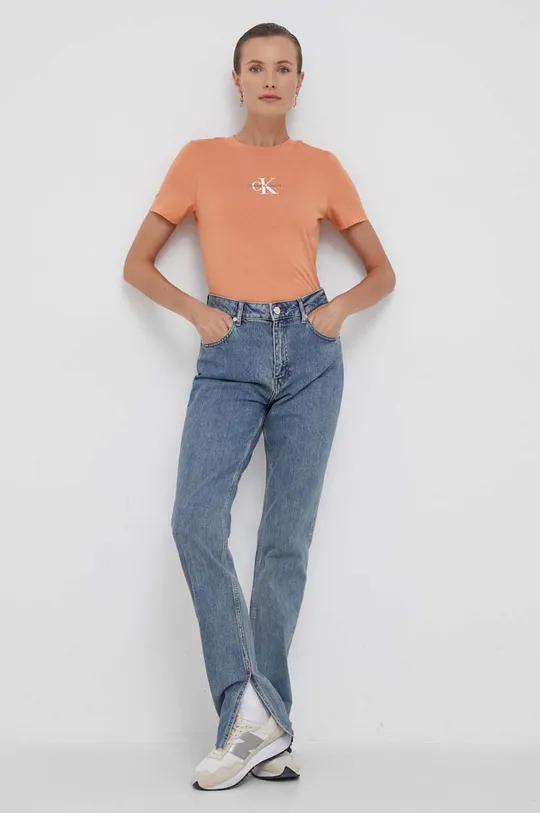 Βαμβακερό μπλουζάκι Calvin Klein Jeans πορτοκαλί