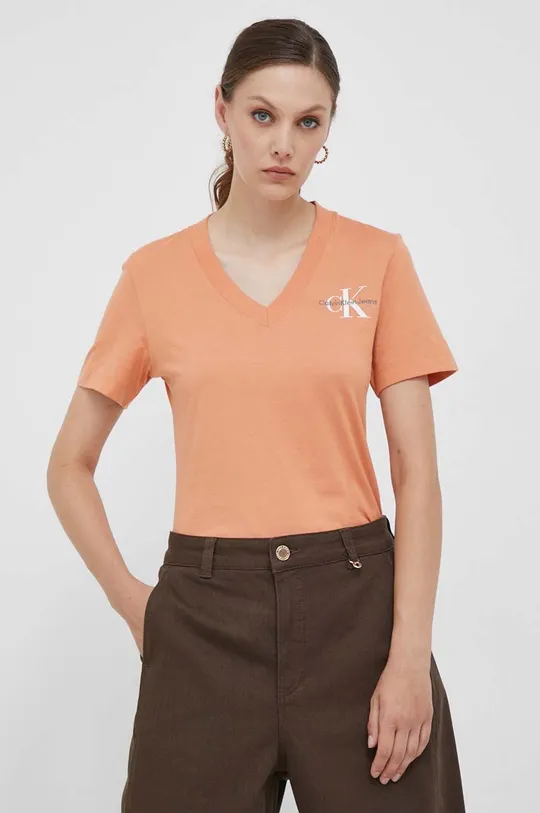 оранжевый Хлопковая футболка Calvin Klein Jeans Женский